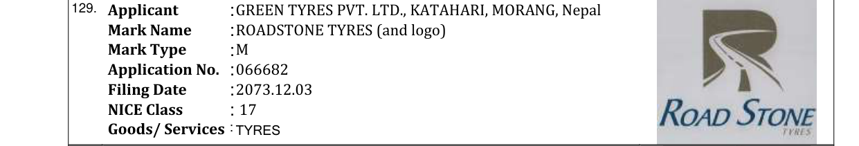 Original bulletin entry for ROADSTONE TYRES (and logo)
