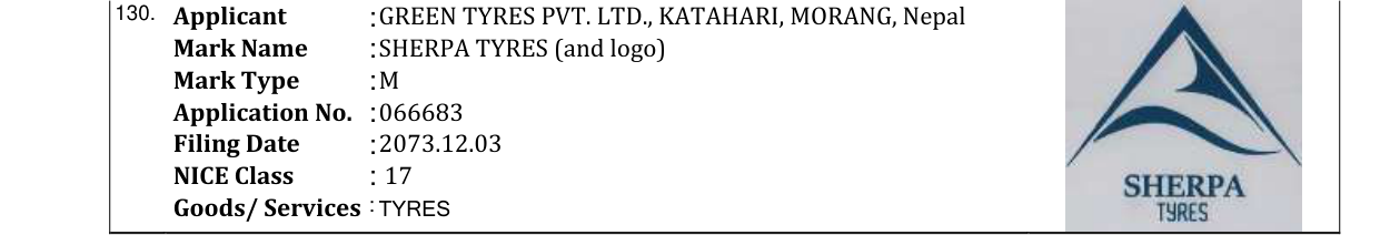 Original bulletin entry for SHERPA TYRES (and logo)