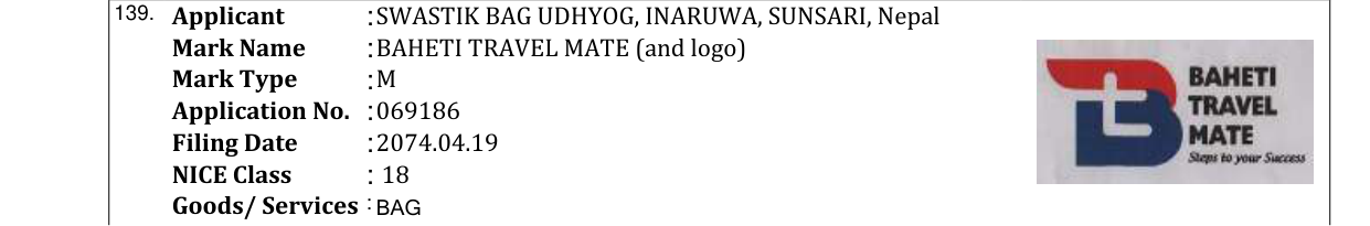 Original bulletin entry for BAHETI TRAVEL MATE (and logo)