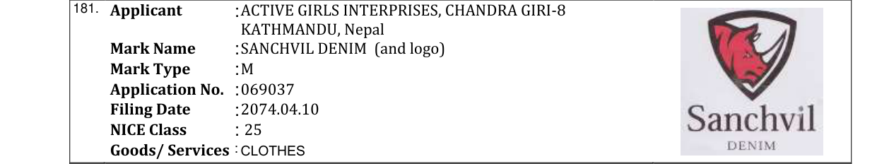 Original bulletin entry for SANCHVIL DENIM (and logo)