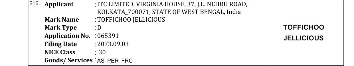 Original bulletin entry for TOFFICHOO JELLICIOUS
