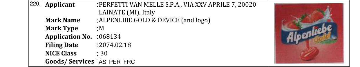 Original bulletin entry for ALPENLIBE GOLD & DEVICE (and logo)