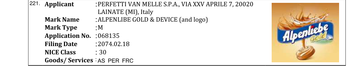 Original bulletin entry for ALPENLIBE GOLD & DEVICE (and logo)