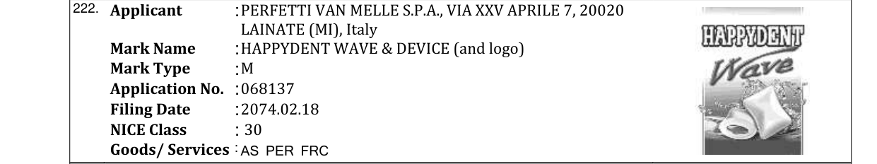 Original bulletin entry for HAPPYDENT WAVE & DEVICE (and logo)