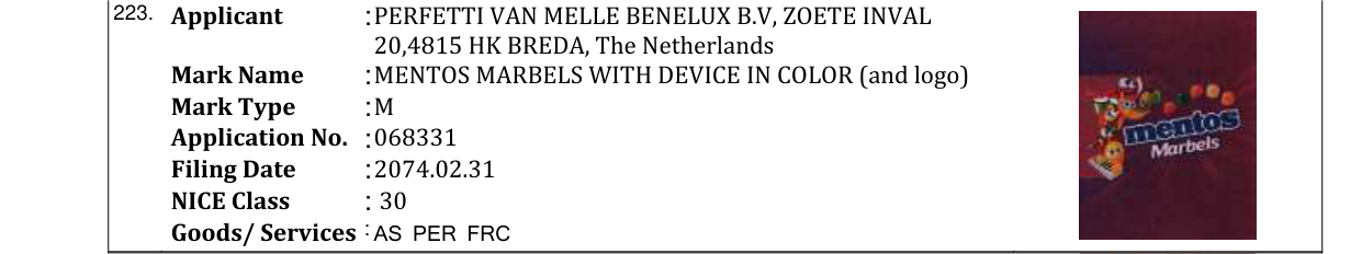 Original bulletin entry for MENTOS MARBELS WITH DEVICE IN COLOR (and logo)