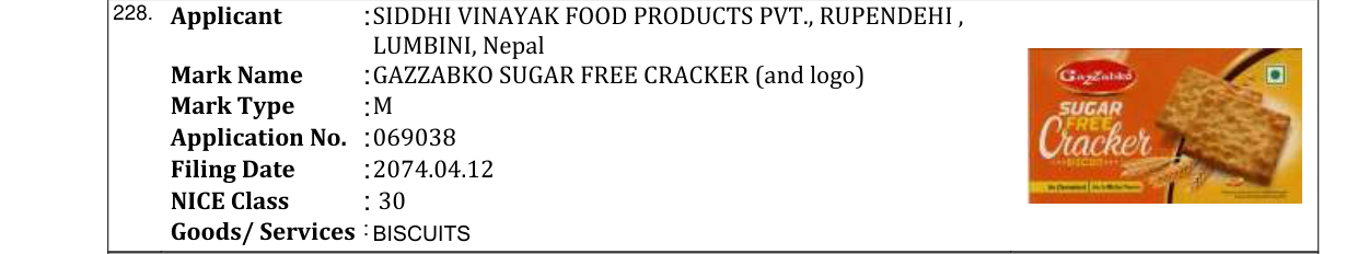 Original bulletin entry for GAZZABKO SUGAR FREE CRACKER (and logo)