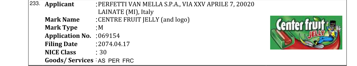 Original bulletin entry for CENTRE FRUIT JELLY (and logo)