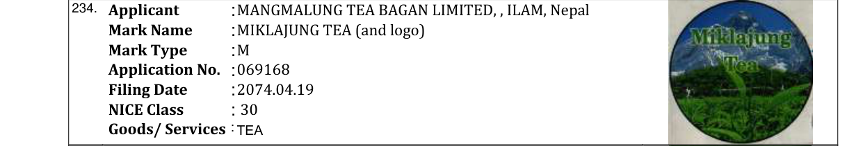 Original bulletin entry for MIKLAJUNG TEA (and logo)