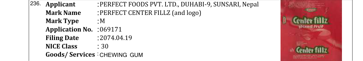 Original bulletin entry for PERFECT CENTER FILLZ (and logo)