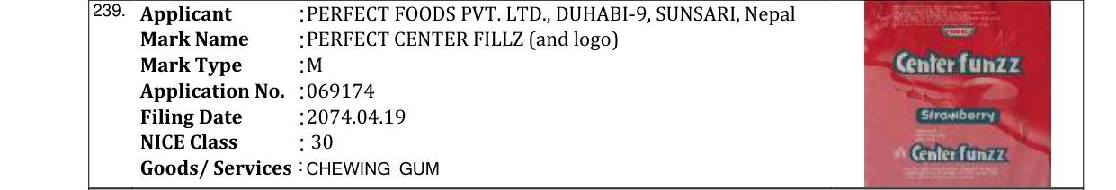 Original bulletin entry for PERFECT CENTER FILLZ (and logo)