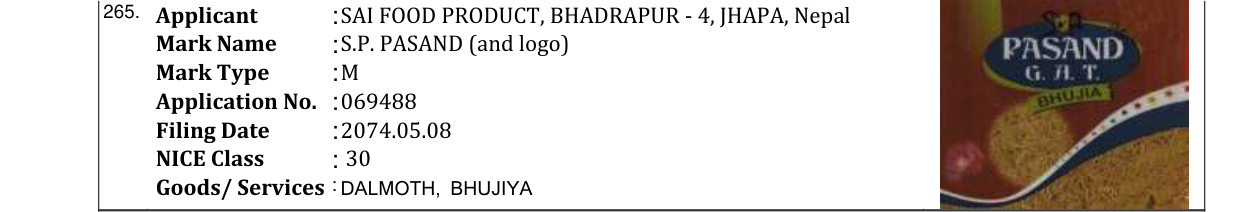 Original bulletin entry for S.P. PASAND (and logo)