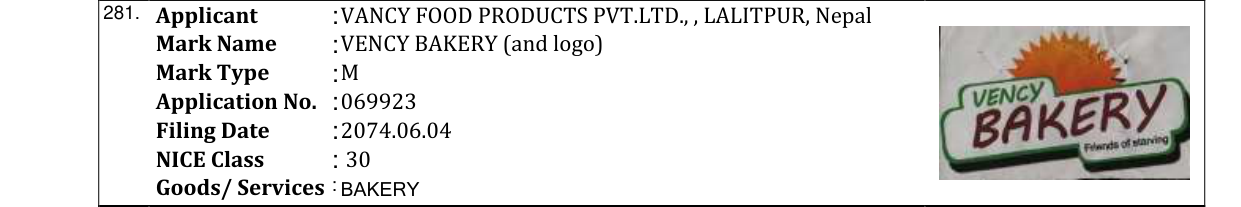 Original bulletin entry for VENCY BAKERY (and logo)