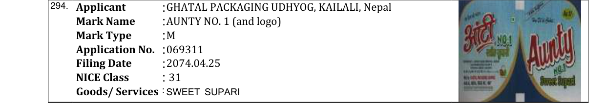 Original bulletin entry for AUNTY NO. 1 (and logo)