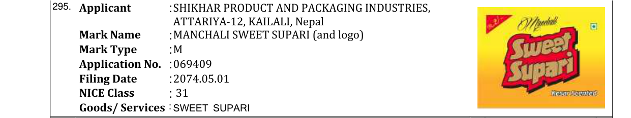 Original bulletin entry for MANCHALI SWEET SUPARI (and logo)