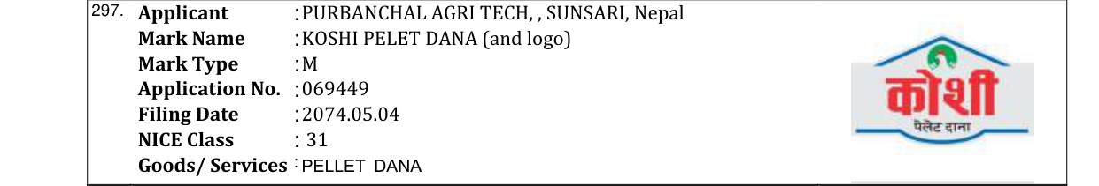 Original bulletin entry for KOSHI PELET DANA (and logo)