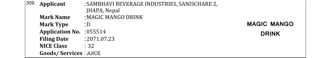 Original bulletin entry for MAGIC MANGO DRINK
