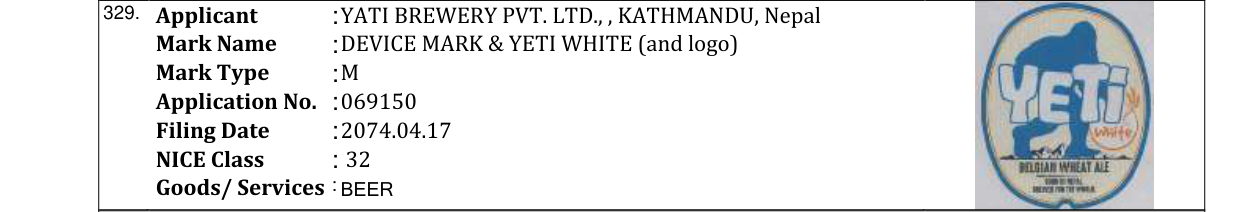Original bulletin entry for DEVICE MARK & YETI WHITE (and logo)