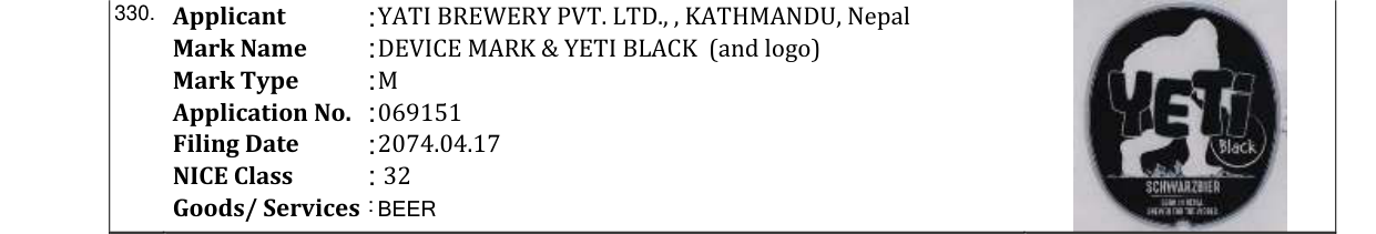 Original bulletin entry for DEVICE MARK & YETI BLACK (and logo)