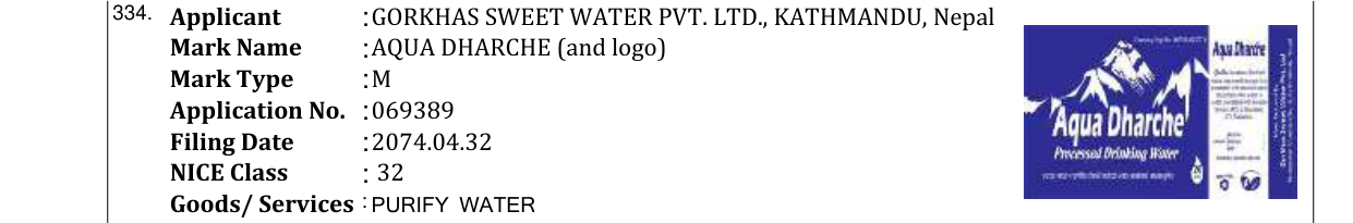 Original bulletin entry for AQUA DHARCHE (and logo)