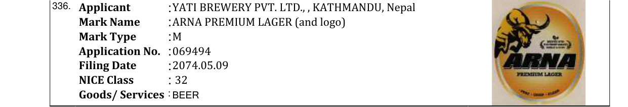 Original bulletin entry for ARNA PREMIUM LAGER (and logo)