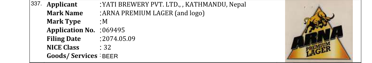 Original bulletin entry for ARNA PREMIUM LAGER (and logo)