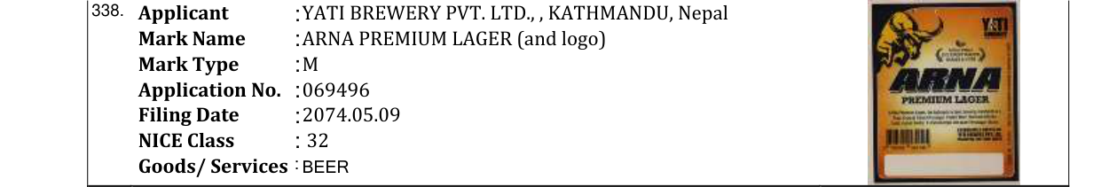 Original bulletin entry for ARNA PREMIUM LAGER (and logo)