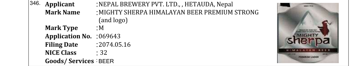 Original bulletin entry for MIGHTY SHERPA HIMALAYAN BEER PREMIUM STRONG (and logo)