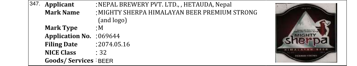 Original bulletin entry for MIGHTY SHERPA HIMALAYAN BEER PREMIUM STRONG (and logo)