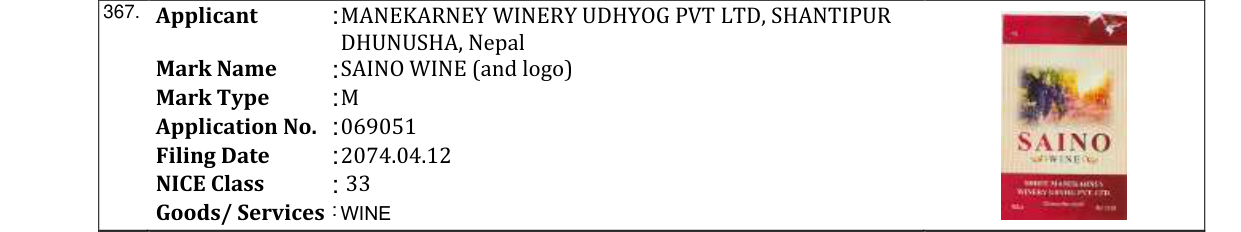 Original bulletin entry for SAINO WINE (and logo)