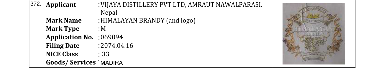 Original bulletin entry for HIMALAYAN BRANDY (and logo)