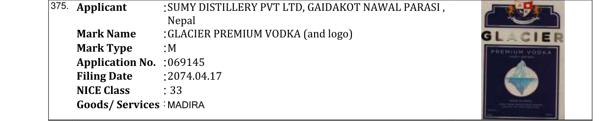Original bulletin entry for GLACIER PREMIUM VODKA (and logo)