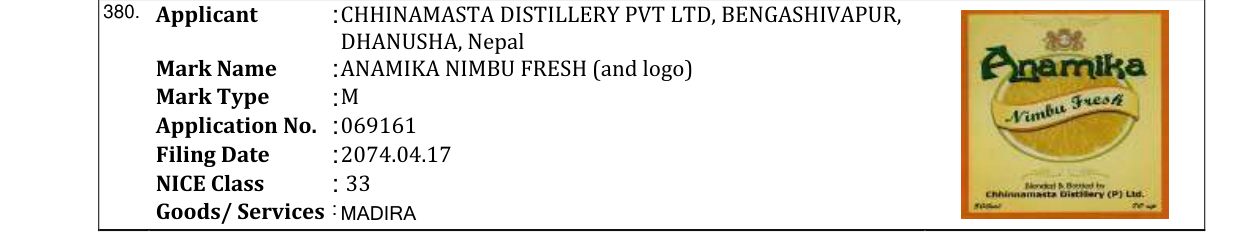 Original bulletin entry for ANAMIKA NIMBU FRESH (and logo)