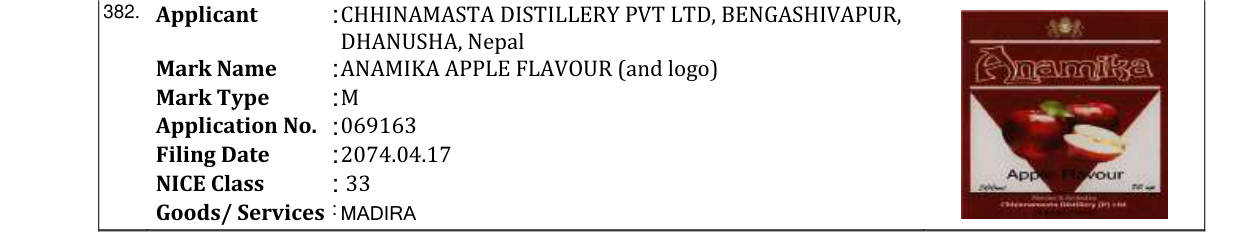 Original bulletin entry for ANAMIKA APPLE FLAVOUR (and logo)