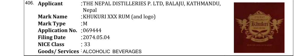 Original bulletin entry for KHUKURI XXX RUM (and logo)