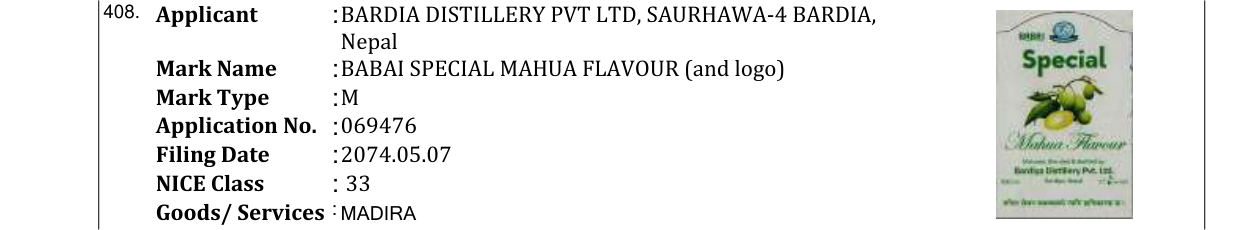 Original bulletin entry for BABAI SPECIAL MAHUA FLAVOUR (and logo)