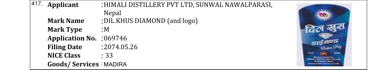Original bulletin entry for DIL KHUS DIAMOND (and logo)