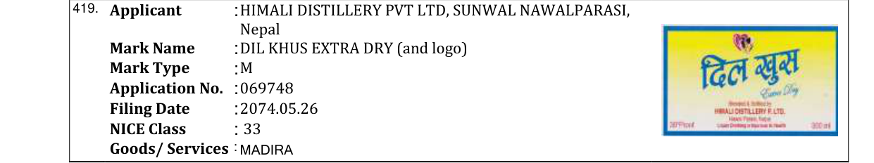 Original bulletin entry for DIL KHUS EXTRA DRY (and logo)
