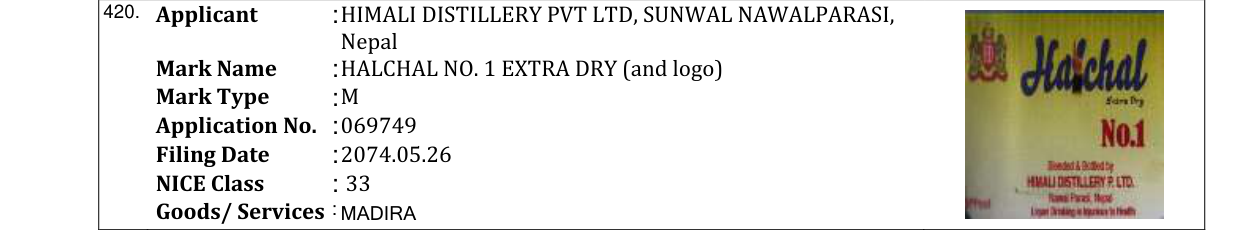 Original bulletin entry for HALCHAL NO. 1 EXTRA DRY (and logo)