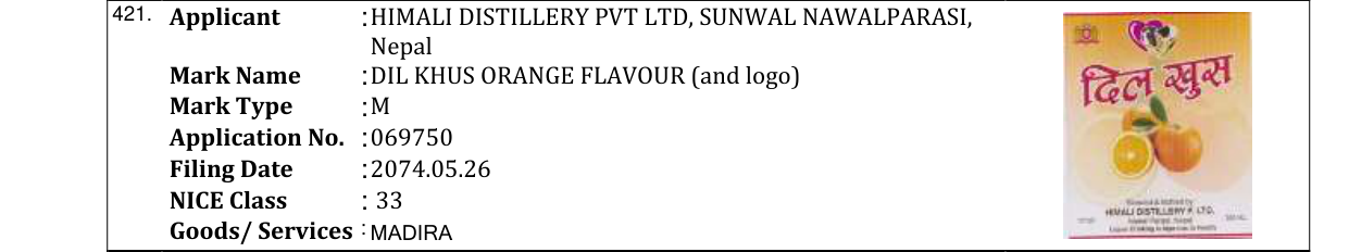 Original bulletin entry for DIL KHUS ORANGE FLAVOUR (and logo)