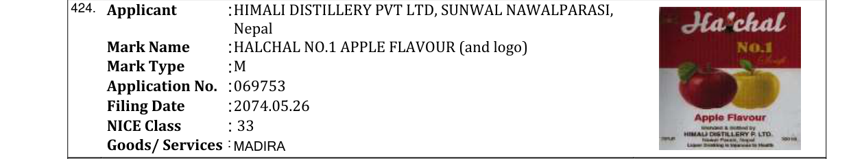 Original bulletin entry for HALCHAL NO.1 APPLE FLAVOUR (and logo)