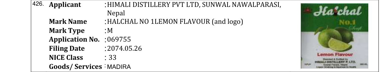 Original bulletin entry for HALCHAL NO 1LEMON FLAVOUR (and logo)