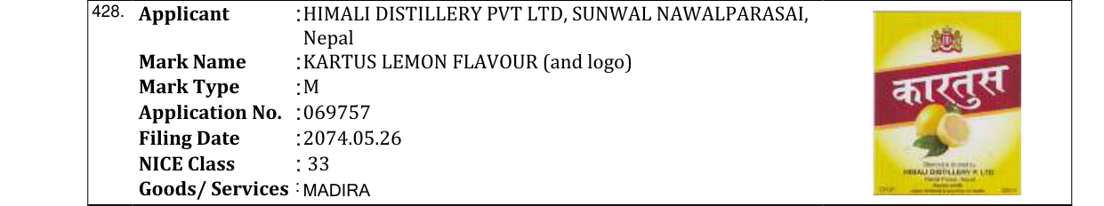 Original bulletin entry for KARTUS LEMON FLAVOUR (and logo)