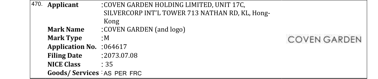 Original bulletin entry for COVEN GARDEN (and logo)