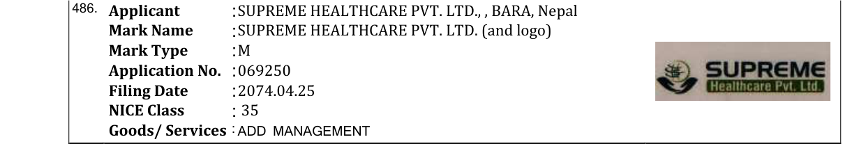 Original bulletin entry for SUPREME HEALTHCARE PVT. LTD. (and logo)