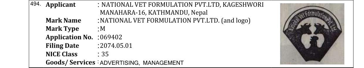 Original bulletin entry for NATIONAL VET FORMULATION PVT.LTD. (and logo)