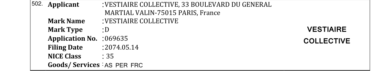 Original bulletin entry for VESTIAIRE COLLECTIVE