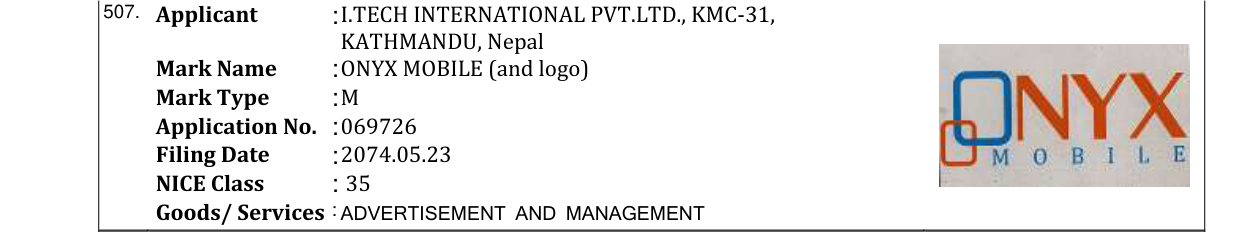 Original bulletin entry for ONYX MOBILE (and logo)