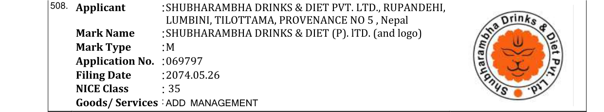 Original bulletin entry for SHUBHARAMBHA DRINKS & DIET (P). lTD. (and logo)