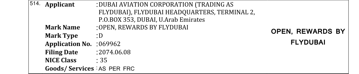 Original bulletin entry for OPEN, REWARDS BY FLYDUBAI OPEN, REWARDS BY