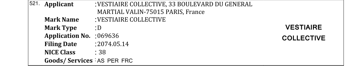 Original bulletin entry for VESTIAIRE COLLECTIVE